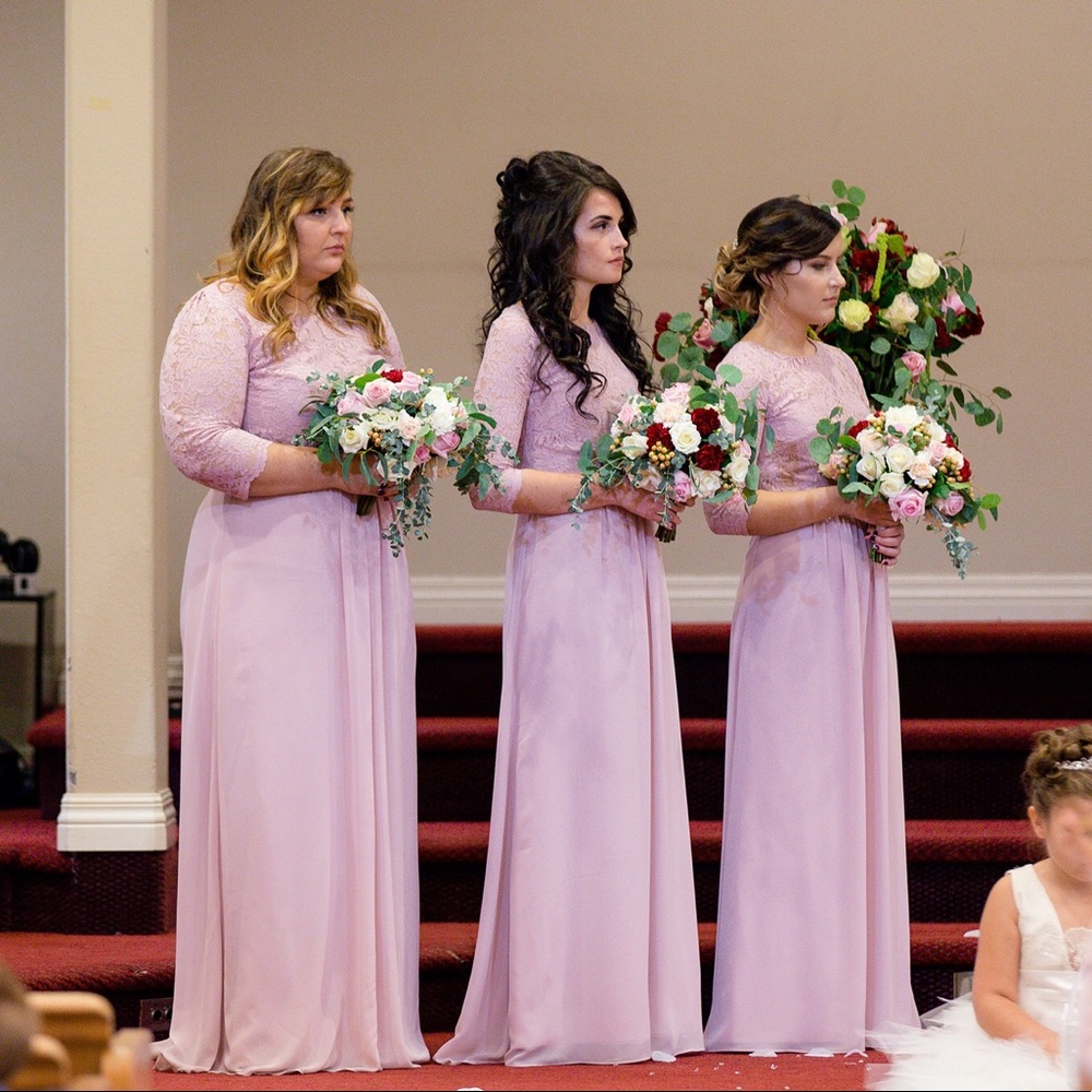 Dusty pink strapless maxi bridesmaid dress